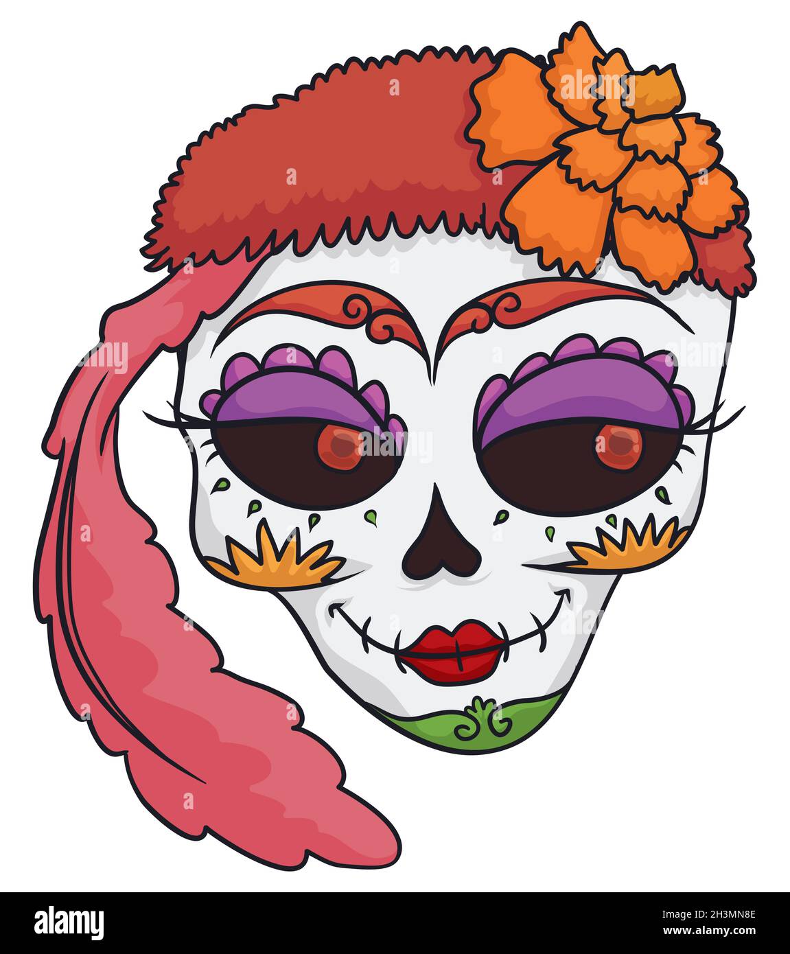 Der wunderschöne Catrina Totenkopf trägt ein schickes Bandana mit Feder und Ringelblume und ist bereit, den mexikanischen Tag der Toten zu feiern. Stock Vektor