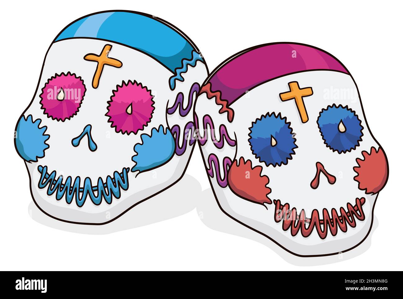 Zwei Zuckerschädel als Opfergabe für die Day of the Dead-Feier mit traditionellen mexikanischen Mustern und Kreuzen. Stock Vektor