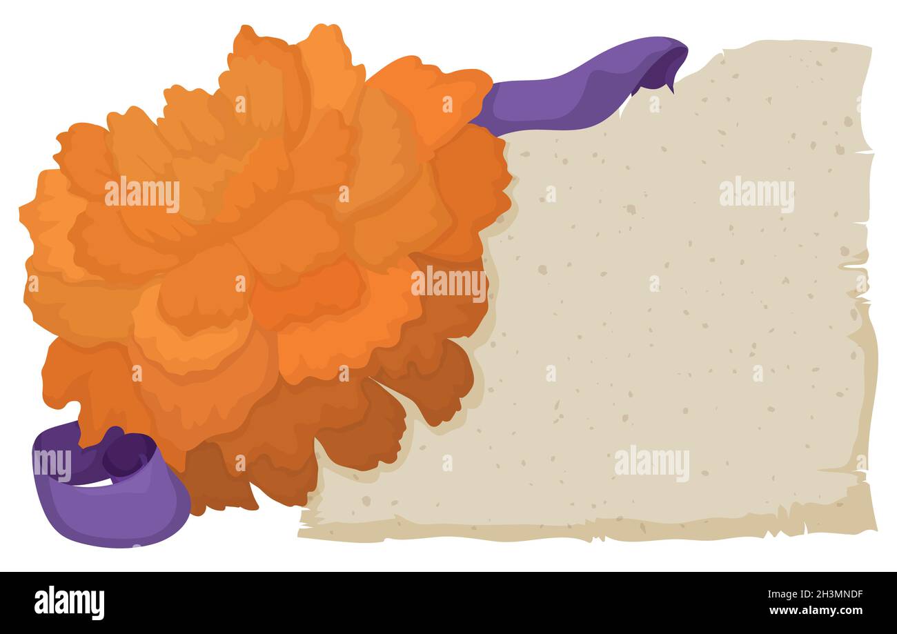 Vorlage mit uralter Schriftrolle, Ringelblume oder Cempasuchil-Blume und violettem Band. Stock Vektor