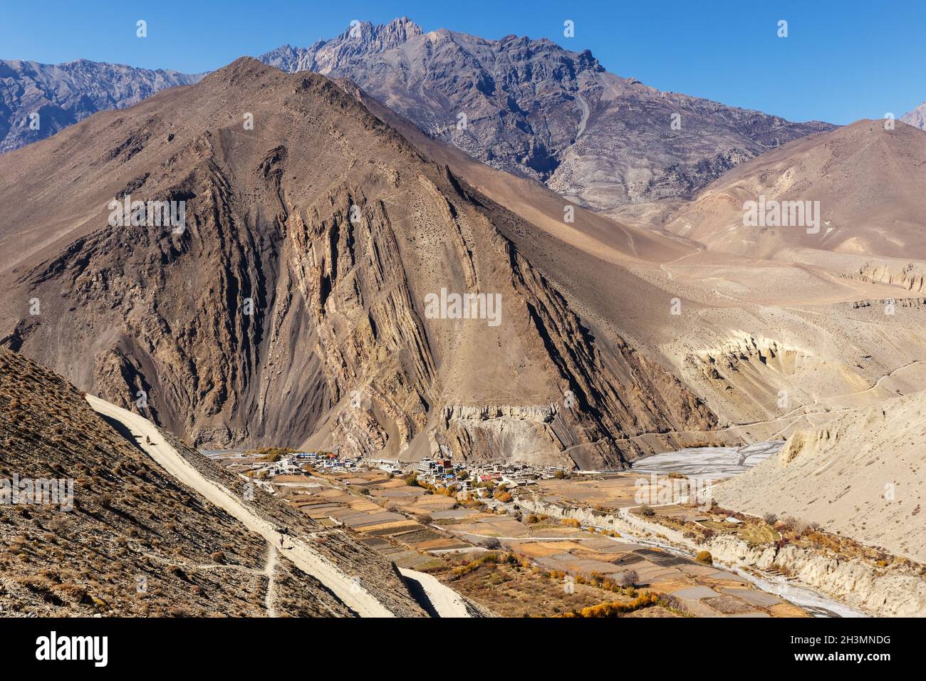 Blick auf den Fluss Kali Gandaki und die Umgebung des Dorfes Kagbeni. Mustang District, Nepal Stockfoto