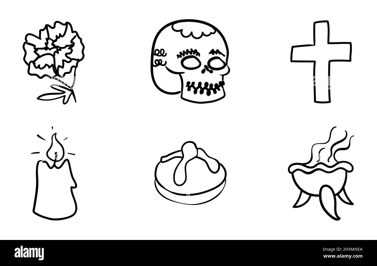 Gedenkset mit Kritzeleien für die mexikanische 'Dia de Muertos' (Tag der Toten): Ringelblume oder Cempasuchil-Blume, Zuckerschädel, Kreuz, Kerze, 'Pan de Mue Stock Vektor