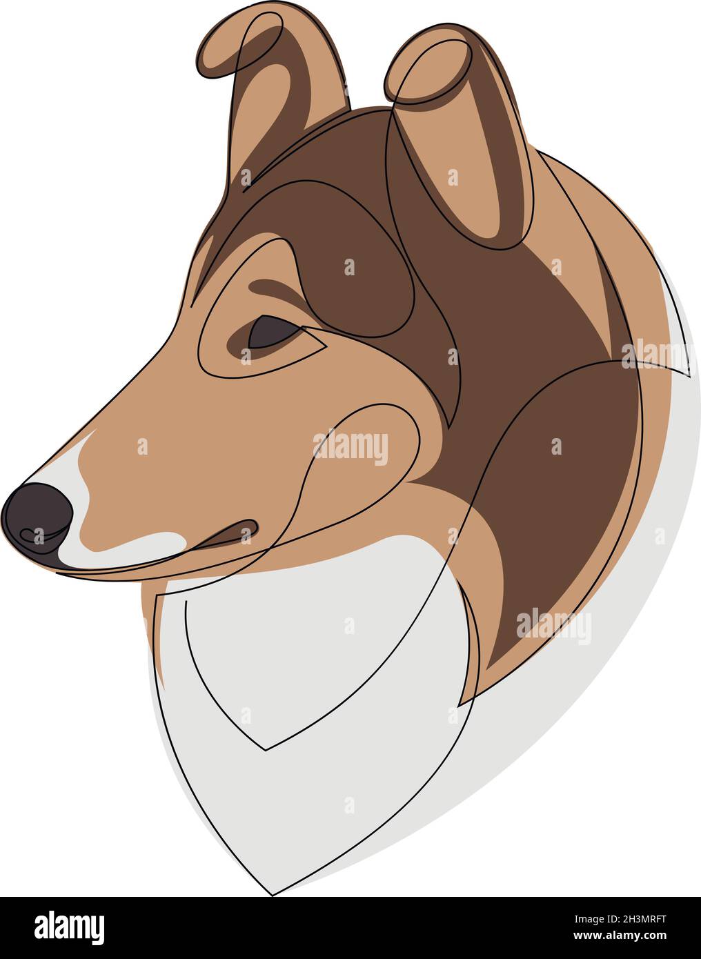 Rough Collie Vektor Hundeportrait. Durchgehende Linie mit Farbe. Hund eine Linie zeichnen. Stock Vektor