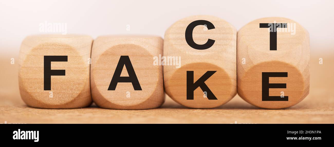 Fact und Fake News auf Cubes geschrieben Stockfoto