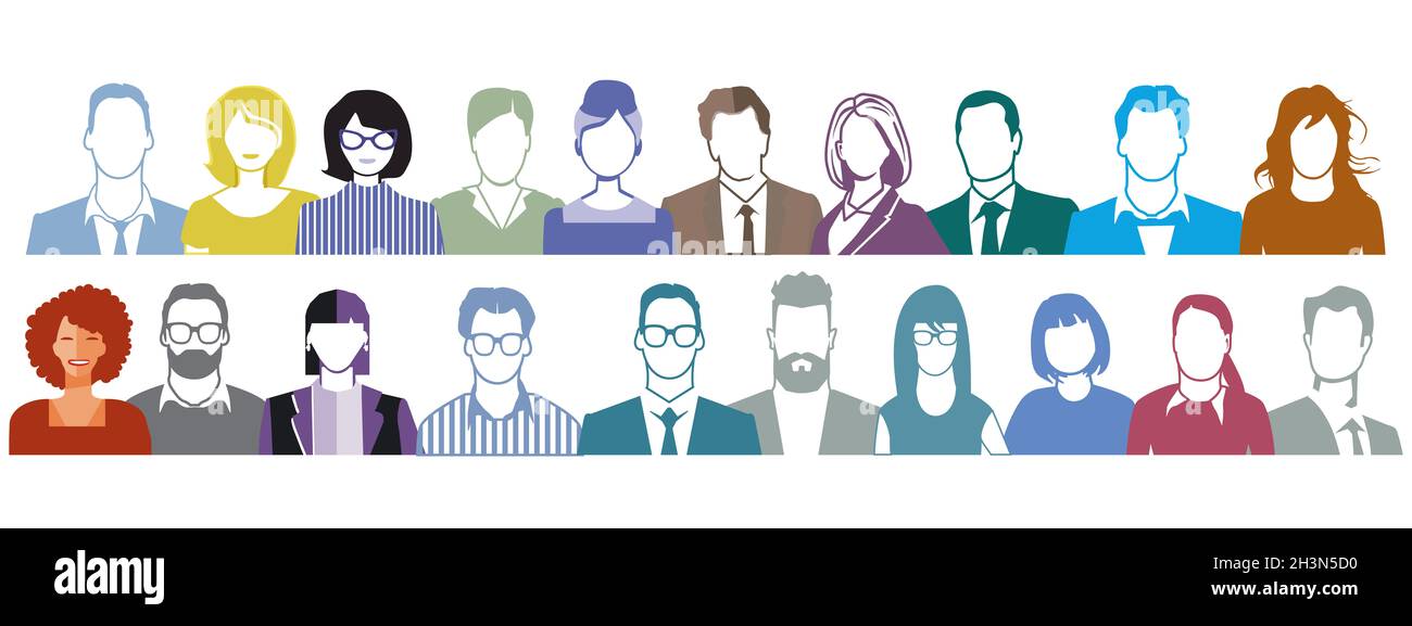 Große Gruppe von Menschen Porträt, Gesichter Illustration auf weißem Hintergrund. Stockfoto