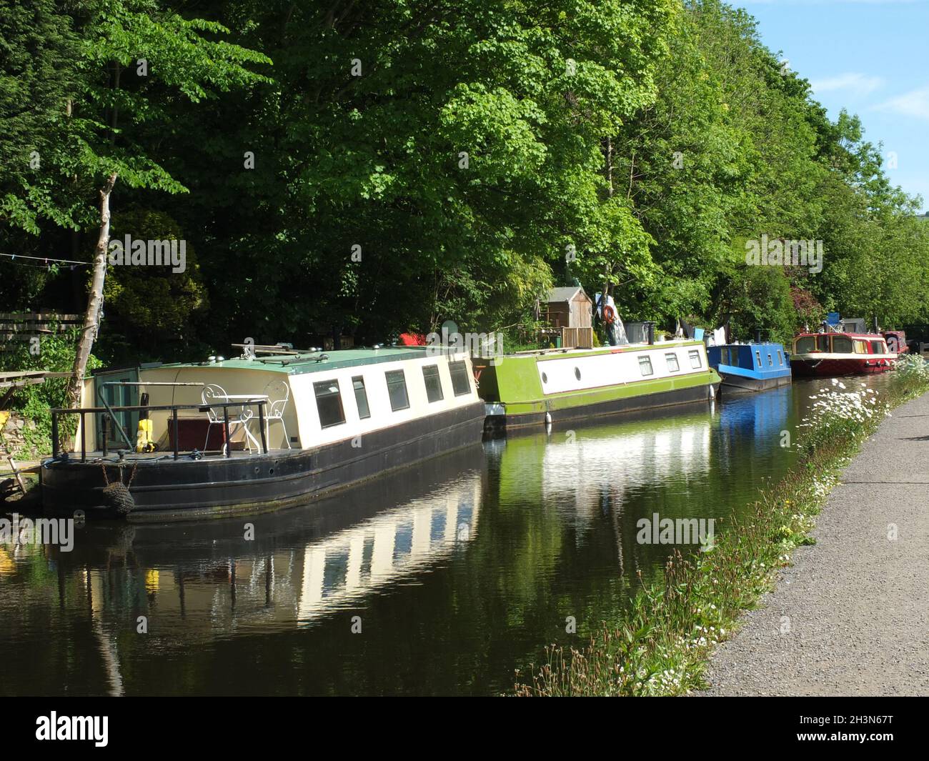 Kanalboote vertäuten gegenüber dem Pfad auf dem rochdale-Kanal in der Nähe der hebden-Brücke, umgeben von Bäumen bei sommerlicher Sonneneinstrahlung Stockfoto