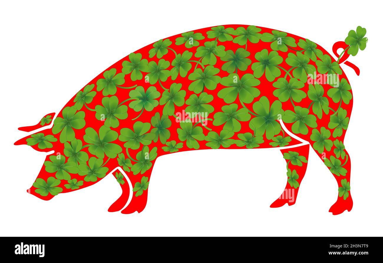Glückliches Schwein mit glücklichen Kleeblatt Stockfoto