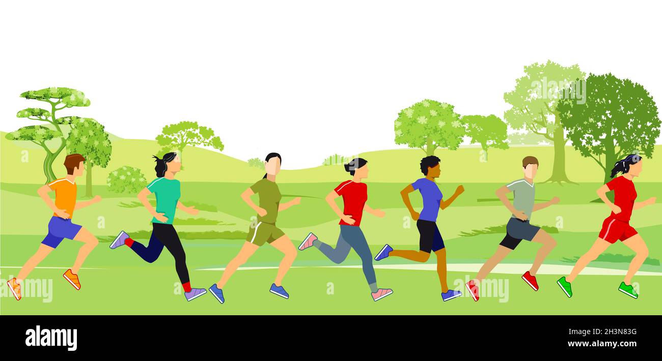 Eine Gruppe von Athleten läuft in der Natur Stockfoto