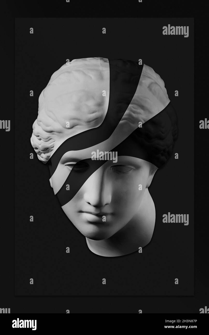 Collage mit Gips antike Skulptur des menschlichen Gesichts in einem Pop-Art-Stil. Kreatives Konzeptbild mit antikem Standbildkopf in Blac Stockfoto