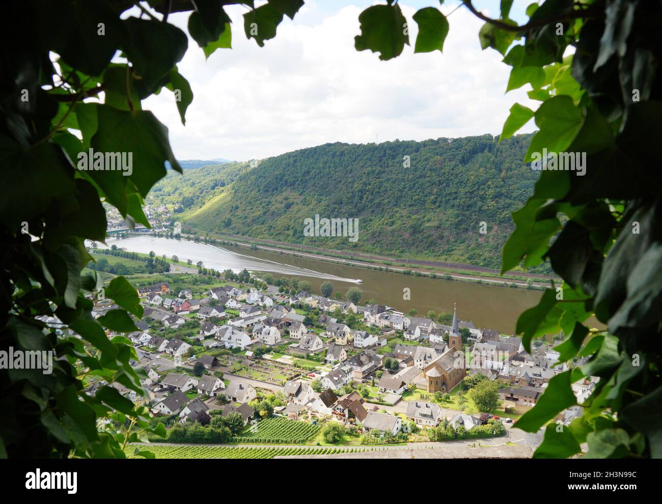 Der Blick auf die Mosel von der Burg Thurant (Burg Thurant, auch Thurandt oder Thurand) über die Dörfer Alken an der Mosel in Deutschland Stockfoto