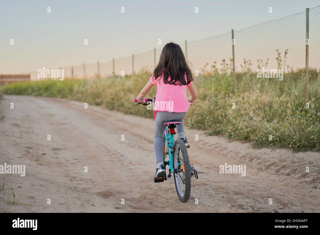 Glückliches Mädchen, das bei Sonnenuntergang auf einer Straße auf dem Feld Fahrrad fährt Stockfoto