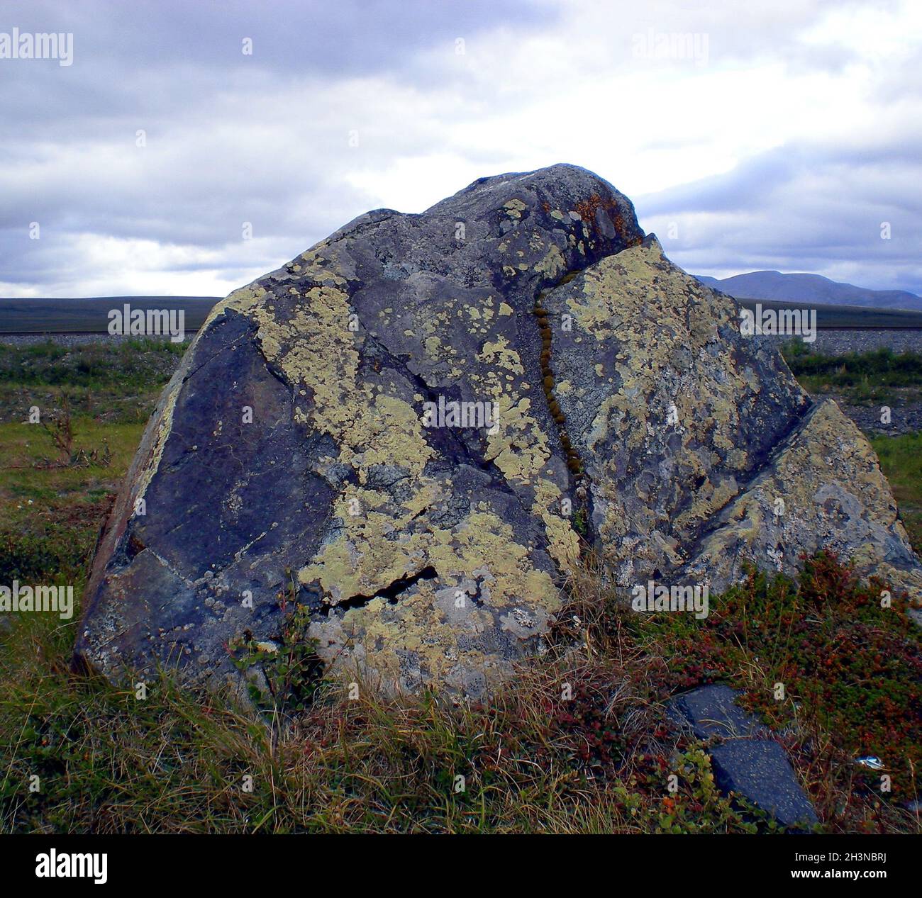 Felsen in der Taiga im russischen Norden. Ausgang zur Oberfläche von Graniten und Basalt. Stockfoto