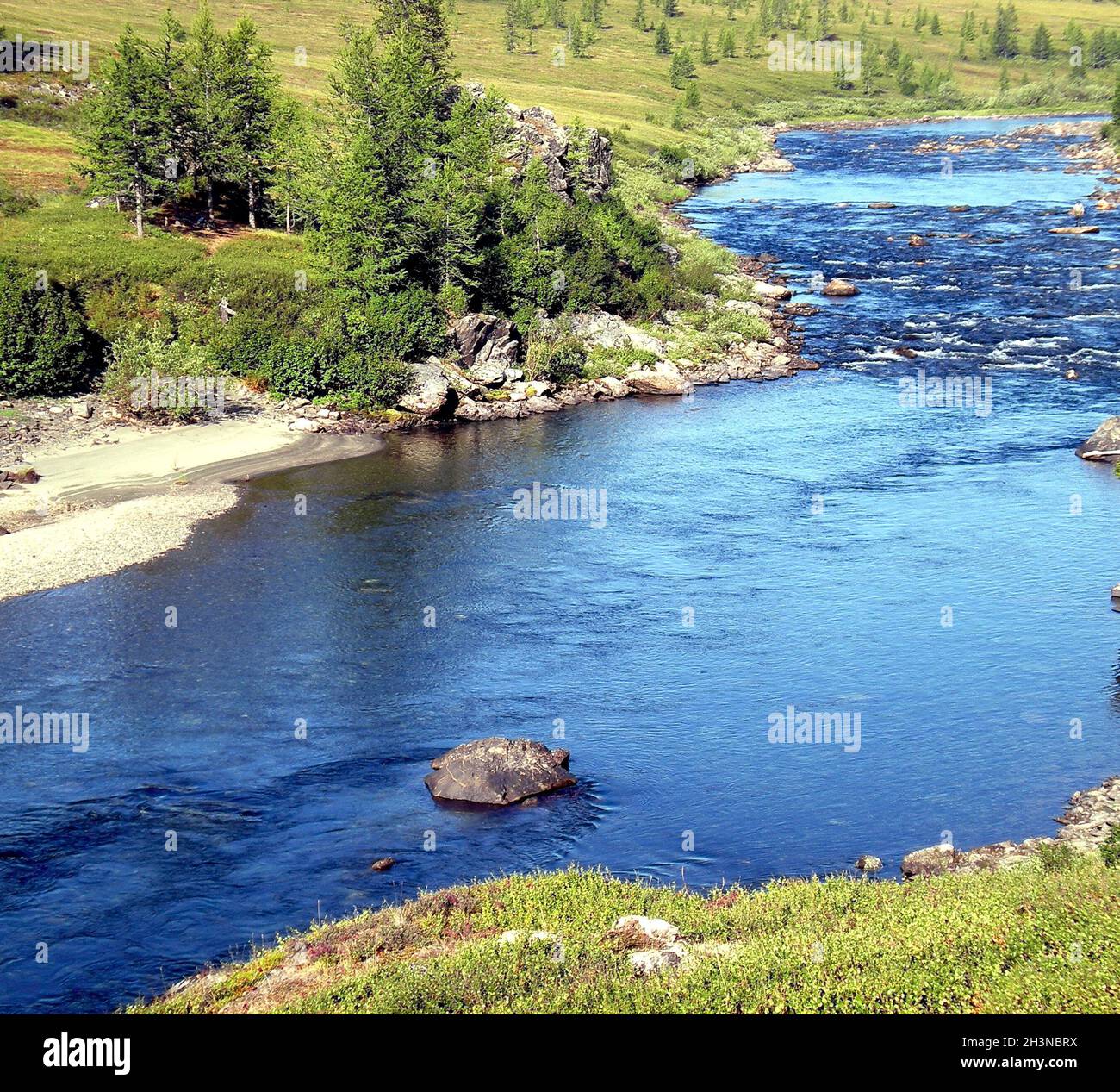 Fluss in der Taiga im Norden Russlands. Die Natur der Taiga in einer bergigen Gegend. Stockfoto