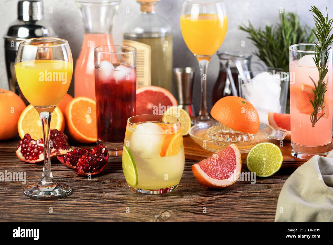 Getränke und Cocktails aus Gin mit verschiedenen Zitrusfrüchten Stockfoto