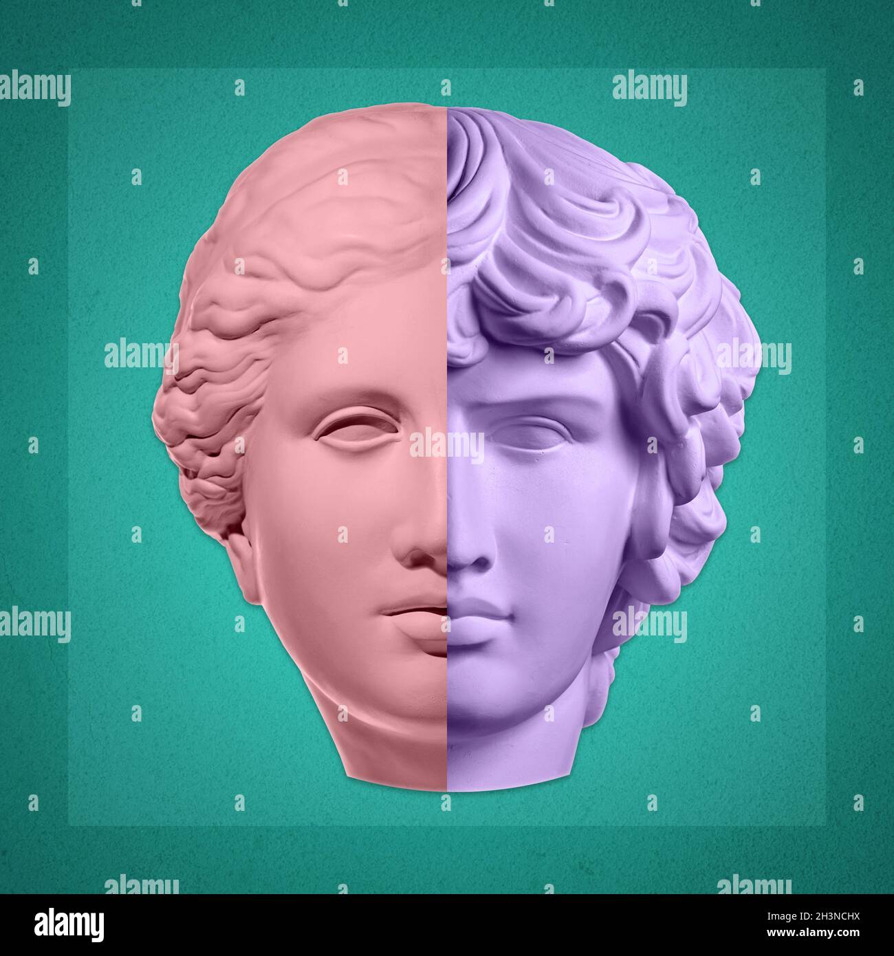 Collage mit Gips antike Skulptur von duble menschlichen Gesicht in Pop-Art-Stil. Kreatives Konzept Bild mit alten Statue Kopf in Stockfoto