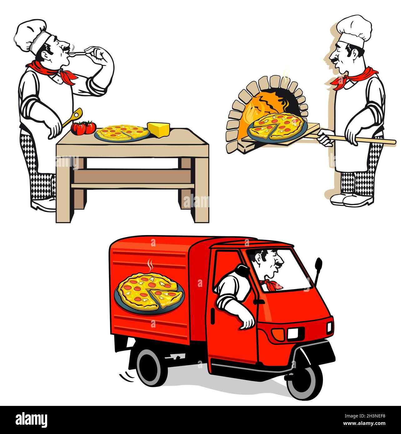 Pizza Chef - Pizzaversand, Illustration Stockfoto