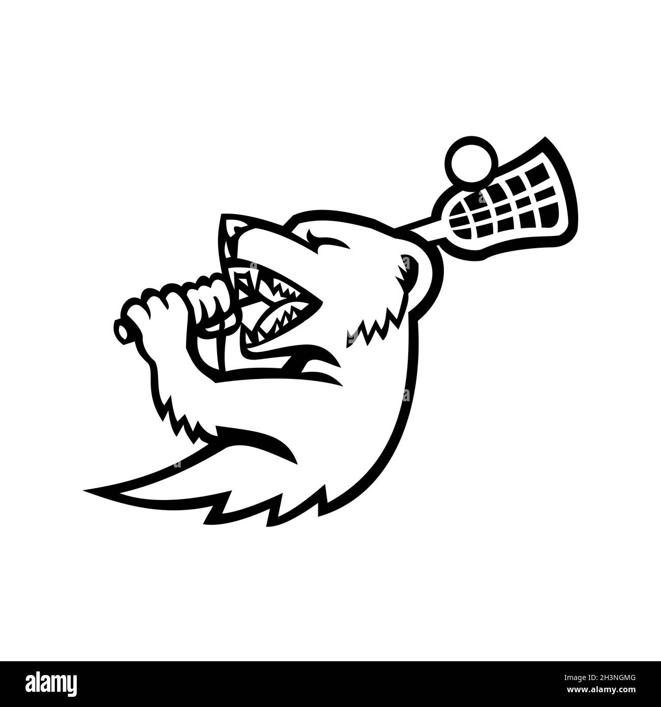 Mungo mit Lacrosse Stock Mascot Black and White Stockfoto