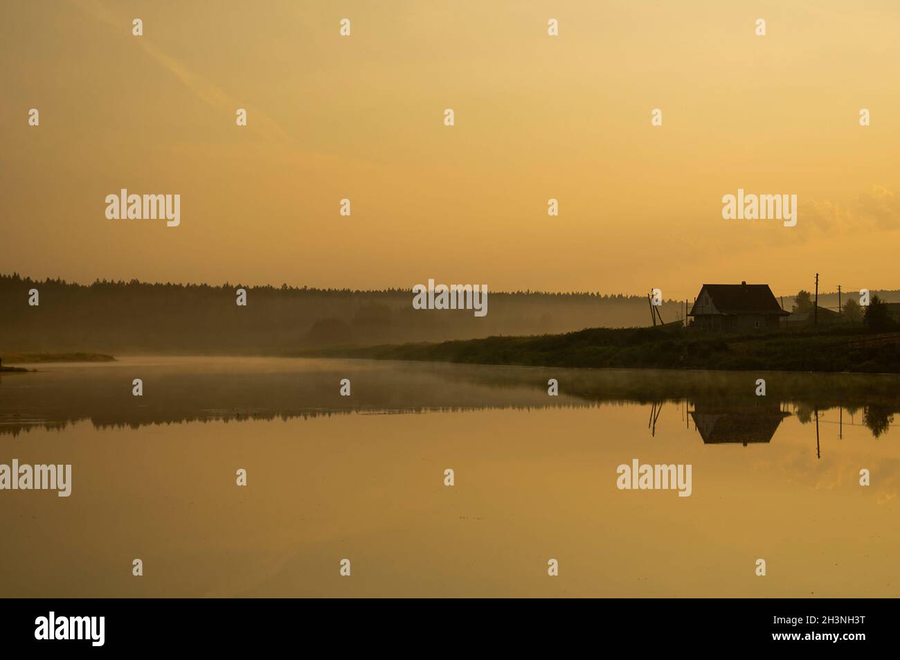 See bei Sonnenuntergang, Küstengras und Bäume. Licht des Sonnenuntergangs über dem Wasser. Stockfoto