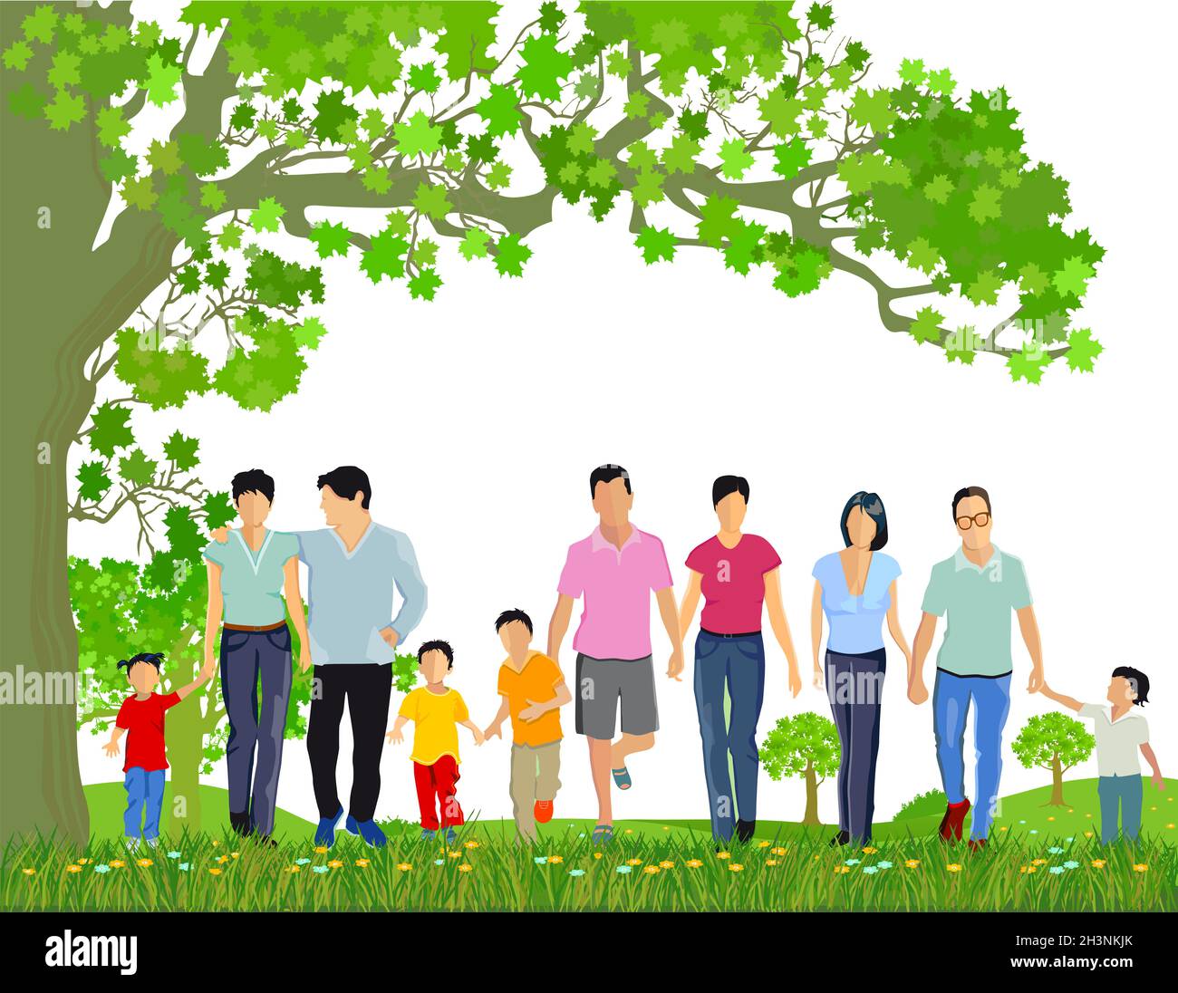 Familien mit Kindern im Frühling Illustration Stockfoto