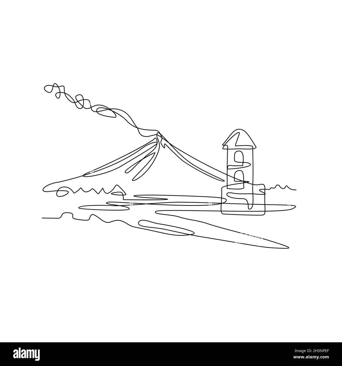 Mayon Vulkan oder Mount Mayon mit Cagsawa Kirche Glockenturm Ruinen Continuous Line Drawing Stockfoto