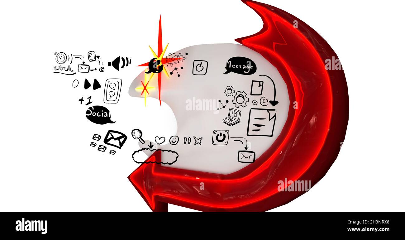 Darstellung verschiedener Symbole Umriss mit rotem Pfeilsymbol auf weißem Hintergrund Stockfoto