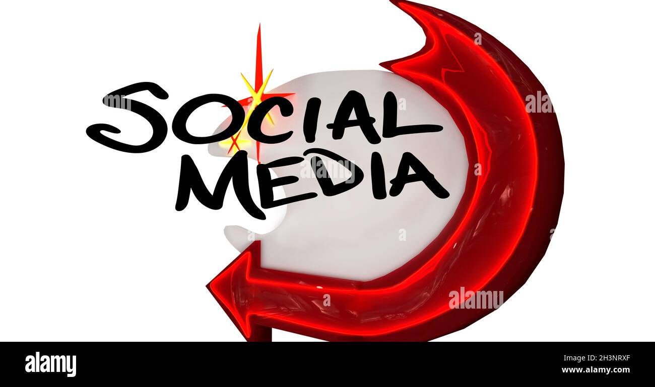Digital generiertes Bild von schwarzem Social-Media-Text mit rotem Pfeilsymbol vor weißem Hintergrund Stockfoto