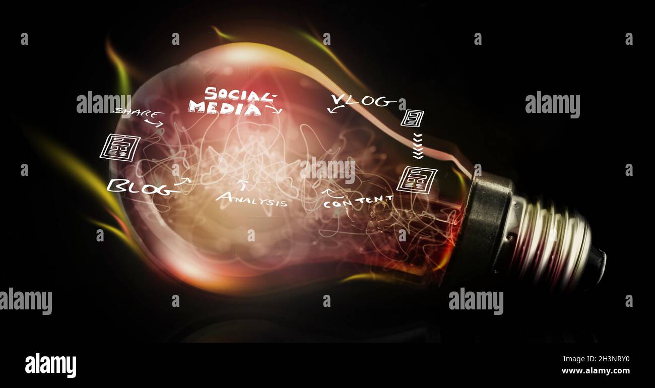 Digital generiertes Bild einer brennenden Glühbirne mit Social-Marketing-Ideen vor schwarzem Hintergrund Stockfoto