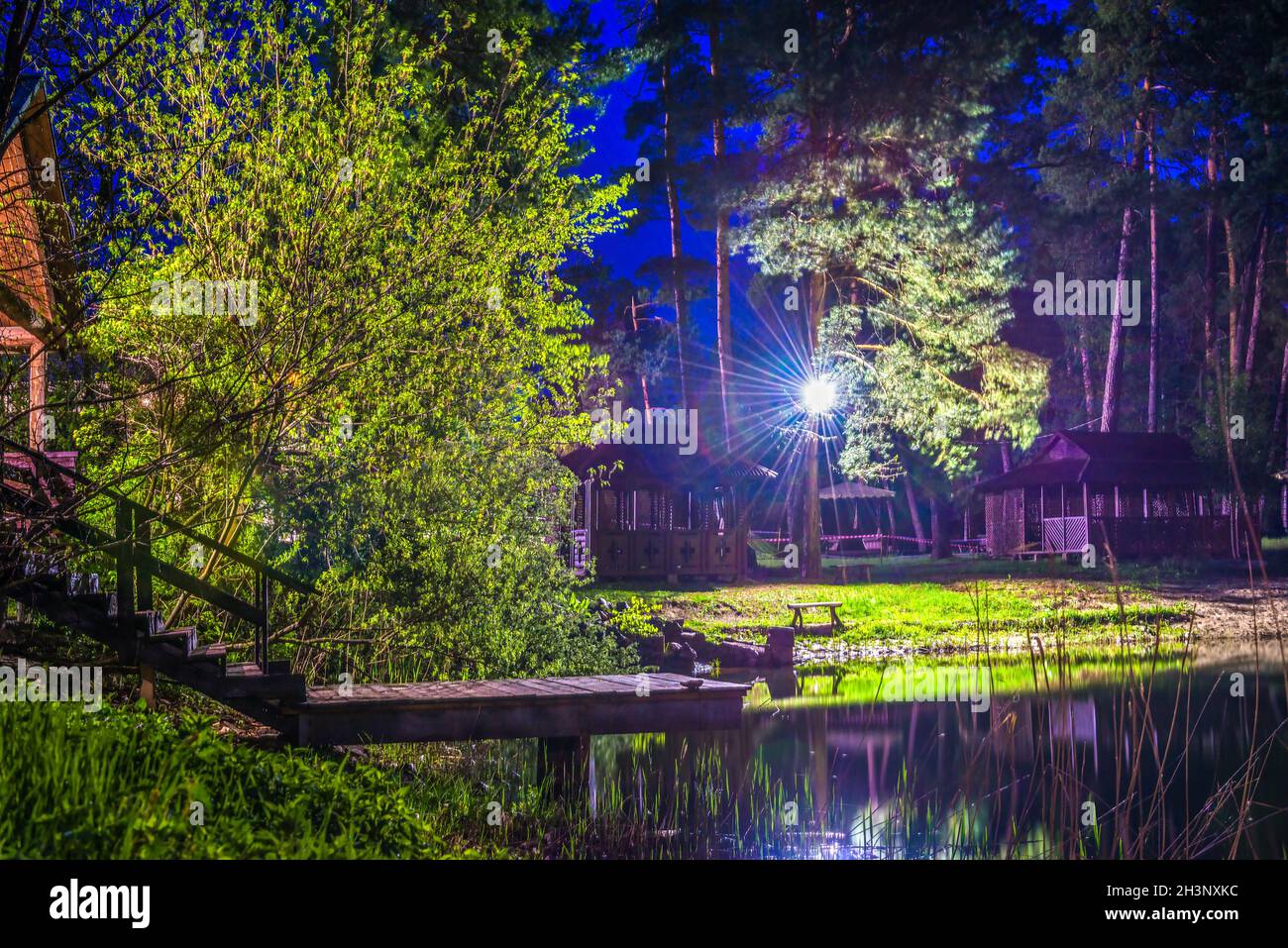 Treppe zum Teich Stockfoto