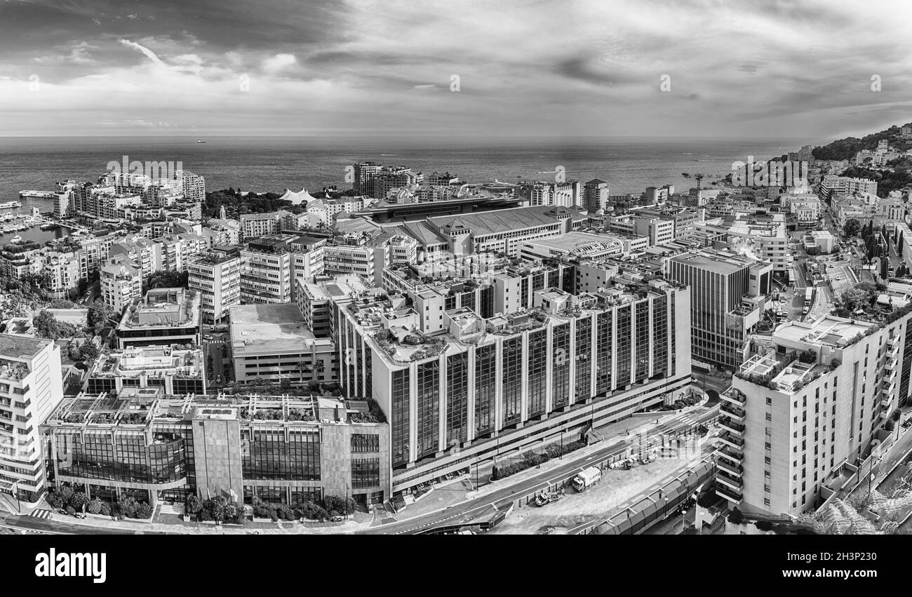 Luftaufnahme des Louis II Stadions. Es befindet sich im Stadtteil Fontvieille von Monaco, Cote d'Azur, Französische Riviera Stockfoto