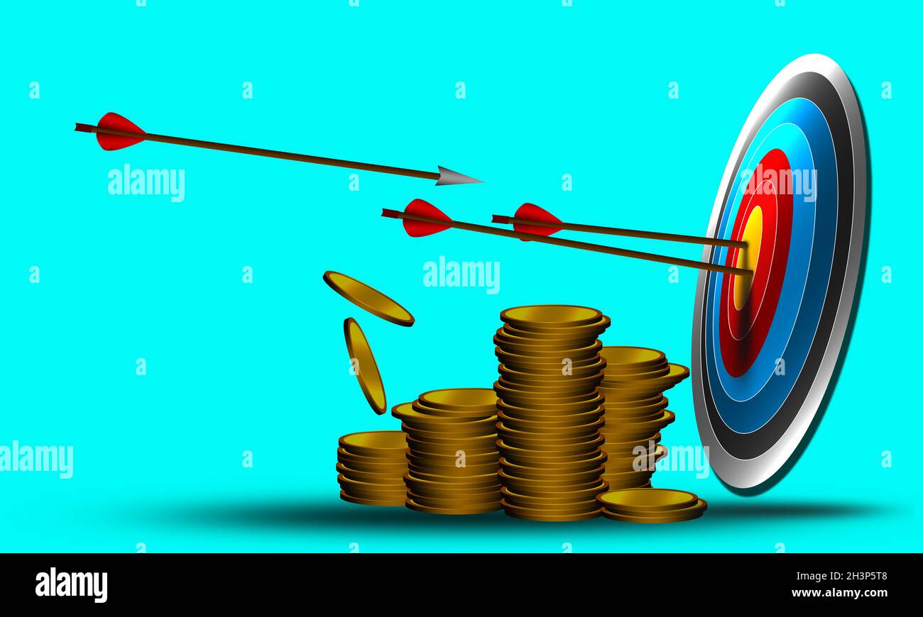 Geschäftsziel und Pfeile in der Mitte mit Goldmünzstapel Stockfoto