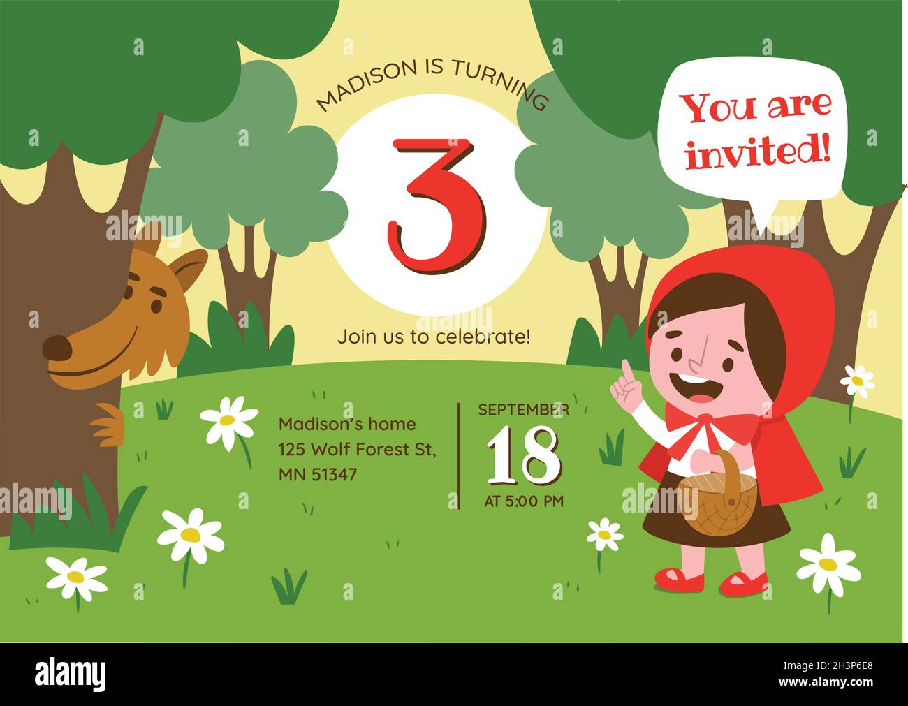 Handgezeichnete kleine rote Reithaube Geburtstag Einladung Vektor Design Illustration Stock Vektor