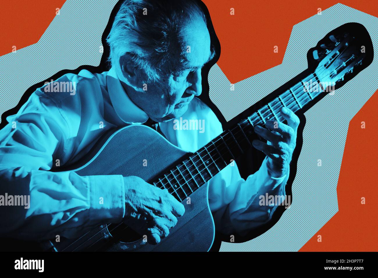 Coole Mode älterer Mann stumm eine akustische Gitarre. Collagen-Poster für Rock-, Klassik-, Jazz-Konzerte. Konzept zeitgenössischer Kunst in Pop A Stockfoto