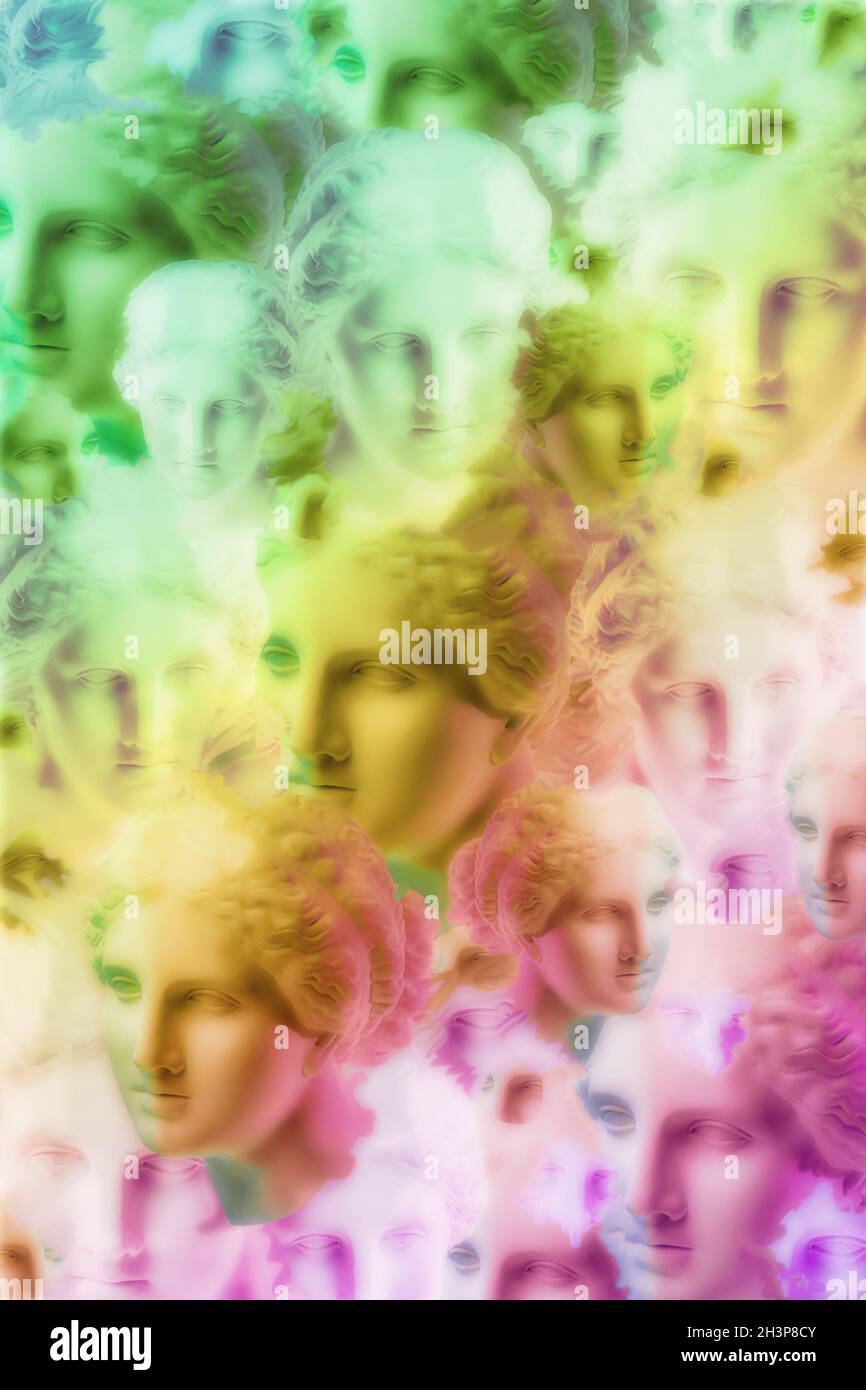 Flippiger Hintergrund. Collage mit Gips antike Skulptur des menschlichen Gesichts in einem Pop-Art-Stil. Modernes kreatives Konzeptbild mit einem Stockfoto