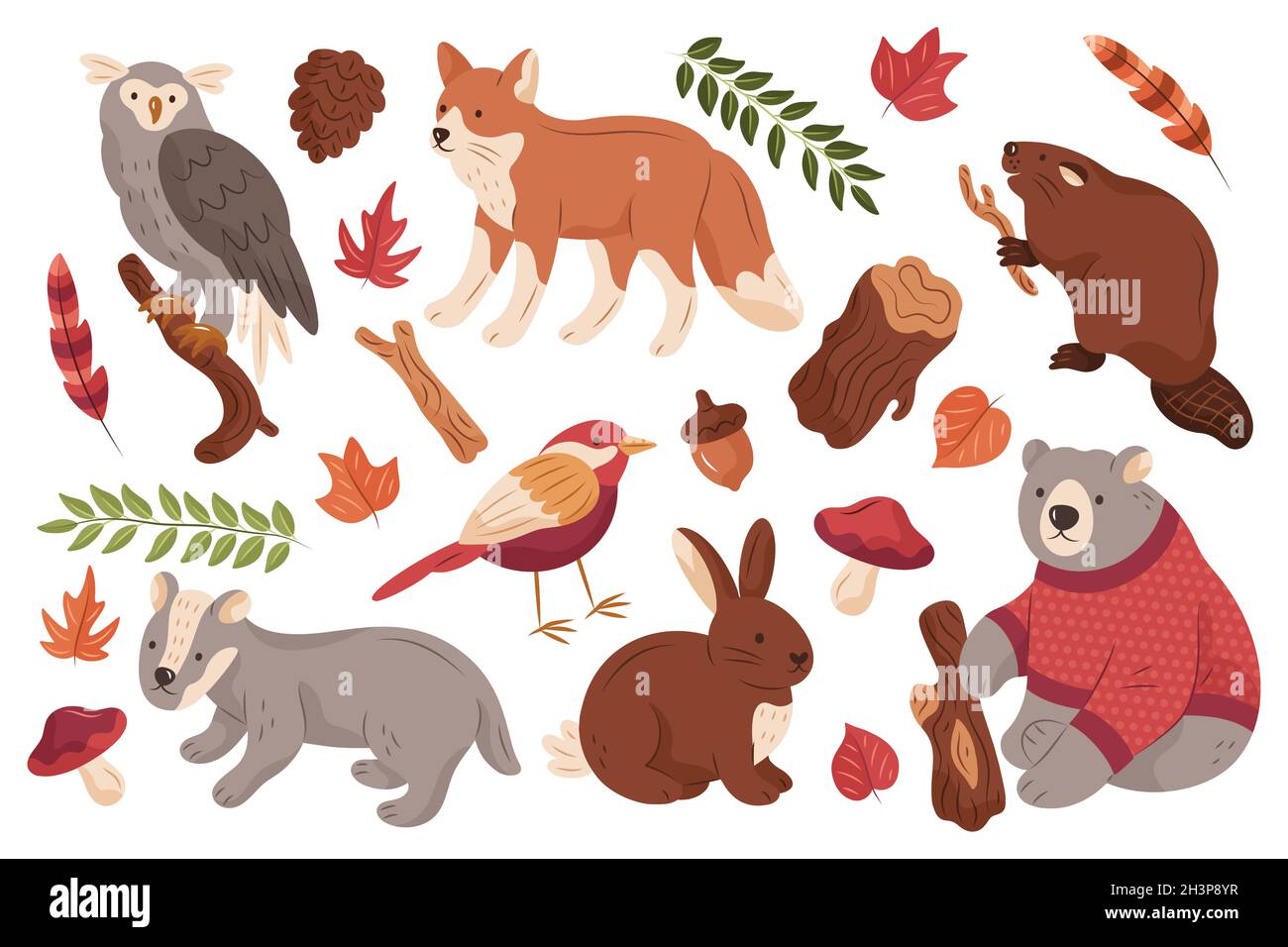 Handgezeichnete Herbst Wald Tiere Set Vektor Design Illustration Stock Vektor