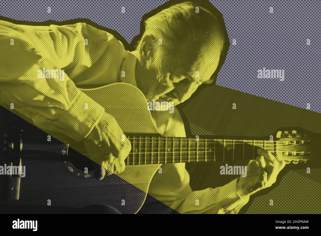 Coole Mode älterer Mann stumm eine akustische Gitarre. Collagen-Poster für Rock-, Klassik-, Jazz-Konzerte. Konzept zeitgenössischer Kunst in Pop A Stockfoto