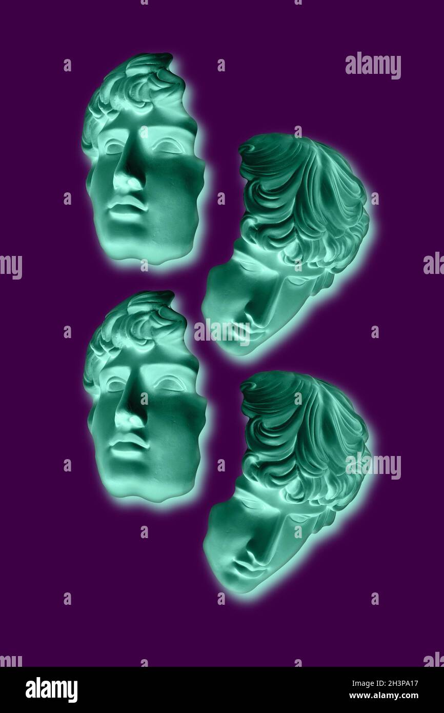 Collage mit Gips antike Skulptur des menschlichen Gesichts in einem Pop-Art-Stil. Modernes kreatives Konzept Bild mit alten Statue Kopf. Stockfoto