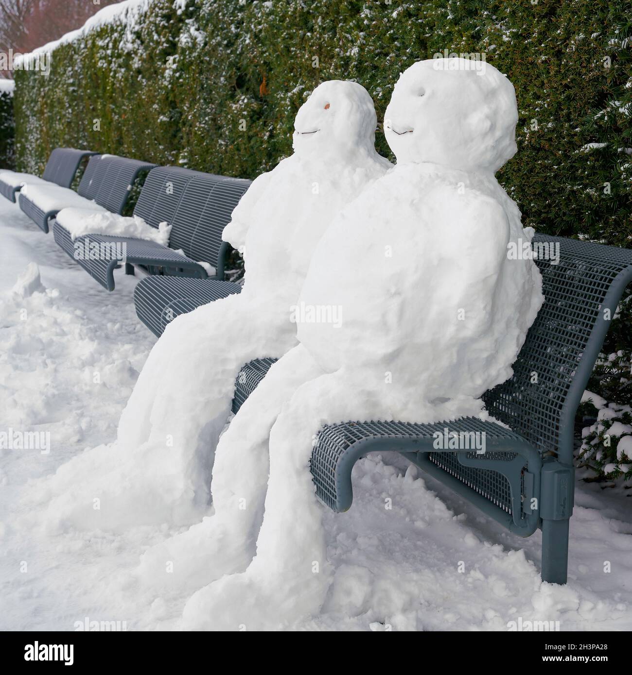 Schneemann und Schneefrau auf einer Parkbank in Magdeburg in Winter Stockfoto
