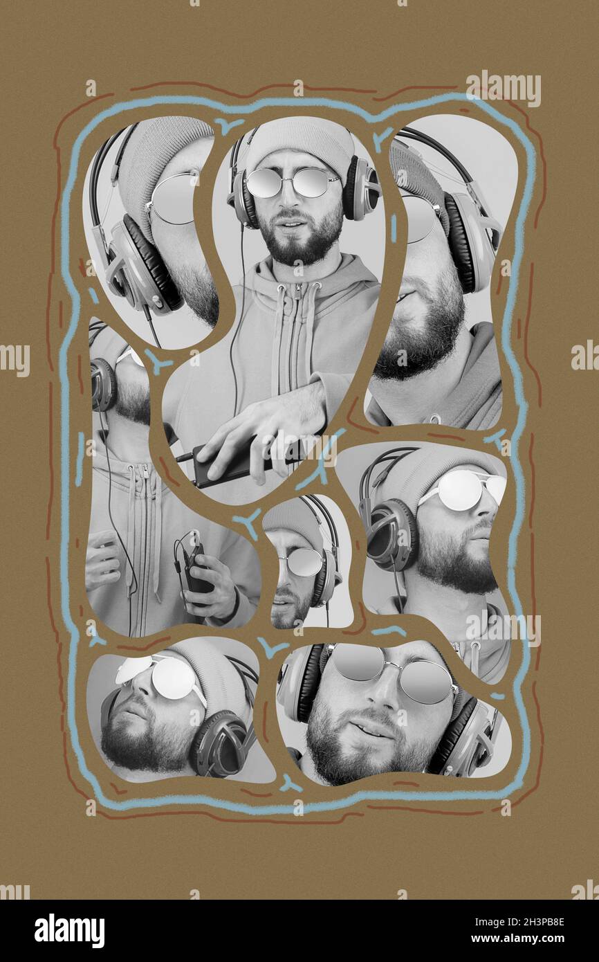 Collage im Pop-Art-Stil. Flippiger bärtiger Hipster-DJ mit Kopfhörern und Sonnenbrillen. Wiedergabe von Musik-Streaming in der App des Smartphone-Players. Stockfoto