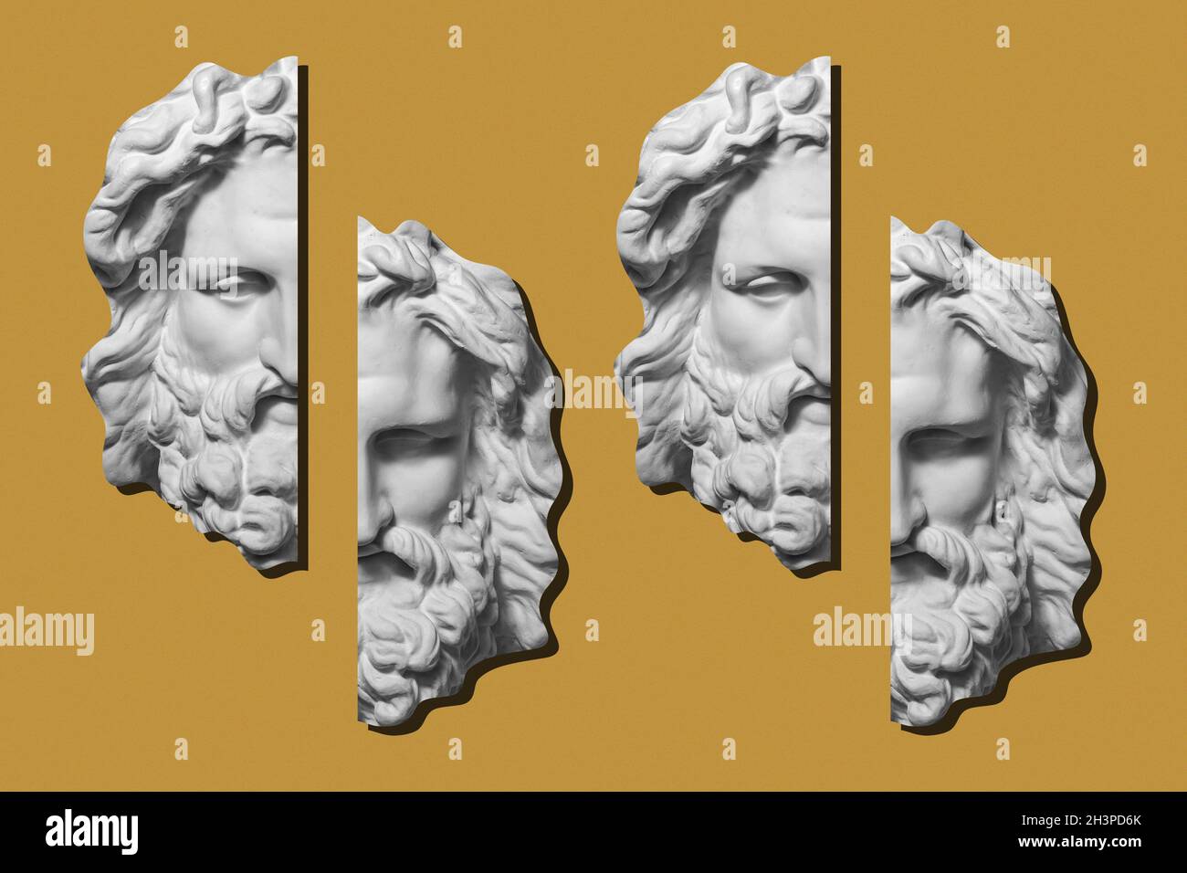 Collage mit Gips antike Skulptur des menschlichen Gesichts in einem Pop-Art-Stil. Modernes kreatives Konzept Bild mit alten Statue Kopf. Stockfoto
