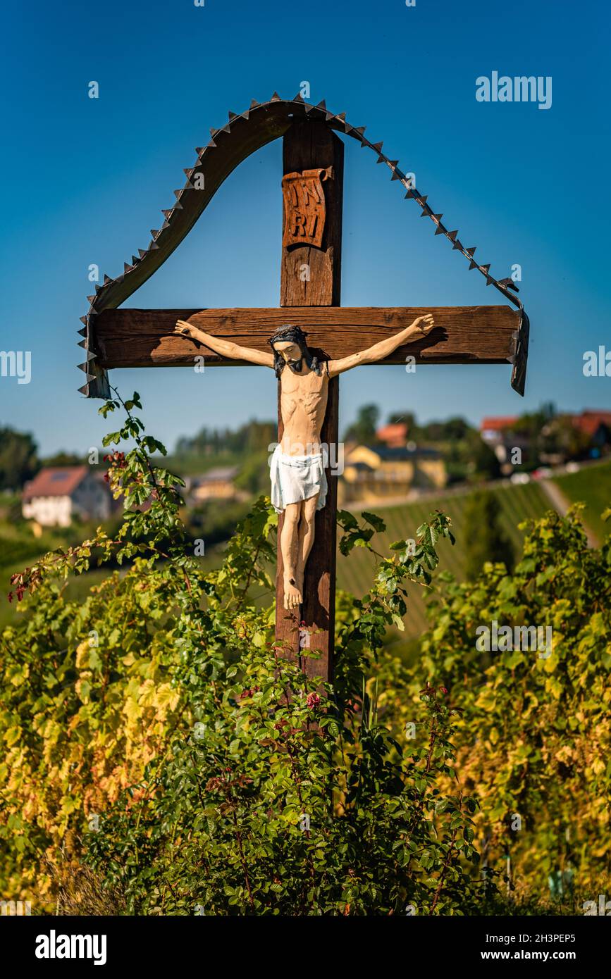 Blick vom berühmten Wein Straße im Süden der Steiermark, Österreich in der Toskana wie Weinberg Hügel. Stockfoto