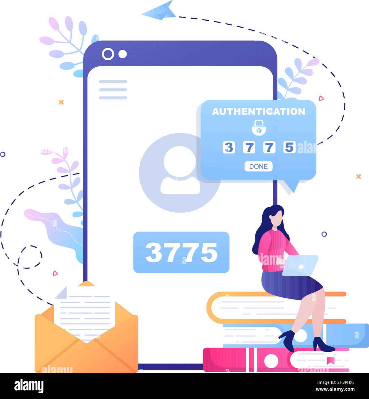 2FA zwei Schritte Authentifizierung Passwort Sichere Benachrichtigung Anmeldebestätigung oder SMS mit Code A Smartphone für Website in Flat Vector Illustration Stock Vektor