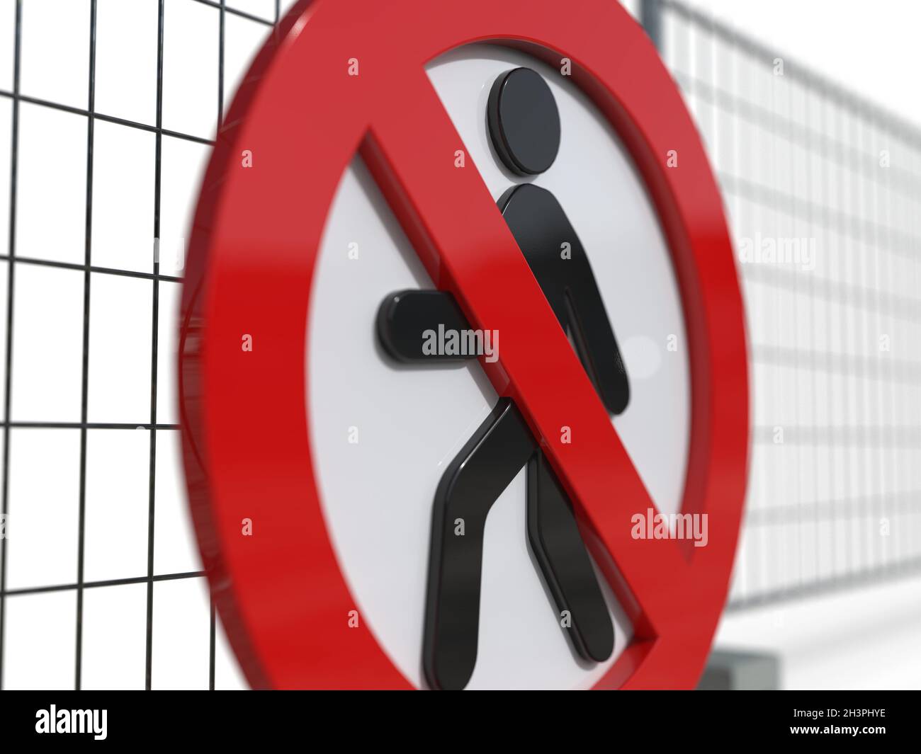 STOPPSCHILD Walking man Red White Fence-Camera 7.196.jpg Stockfoto