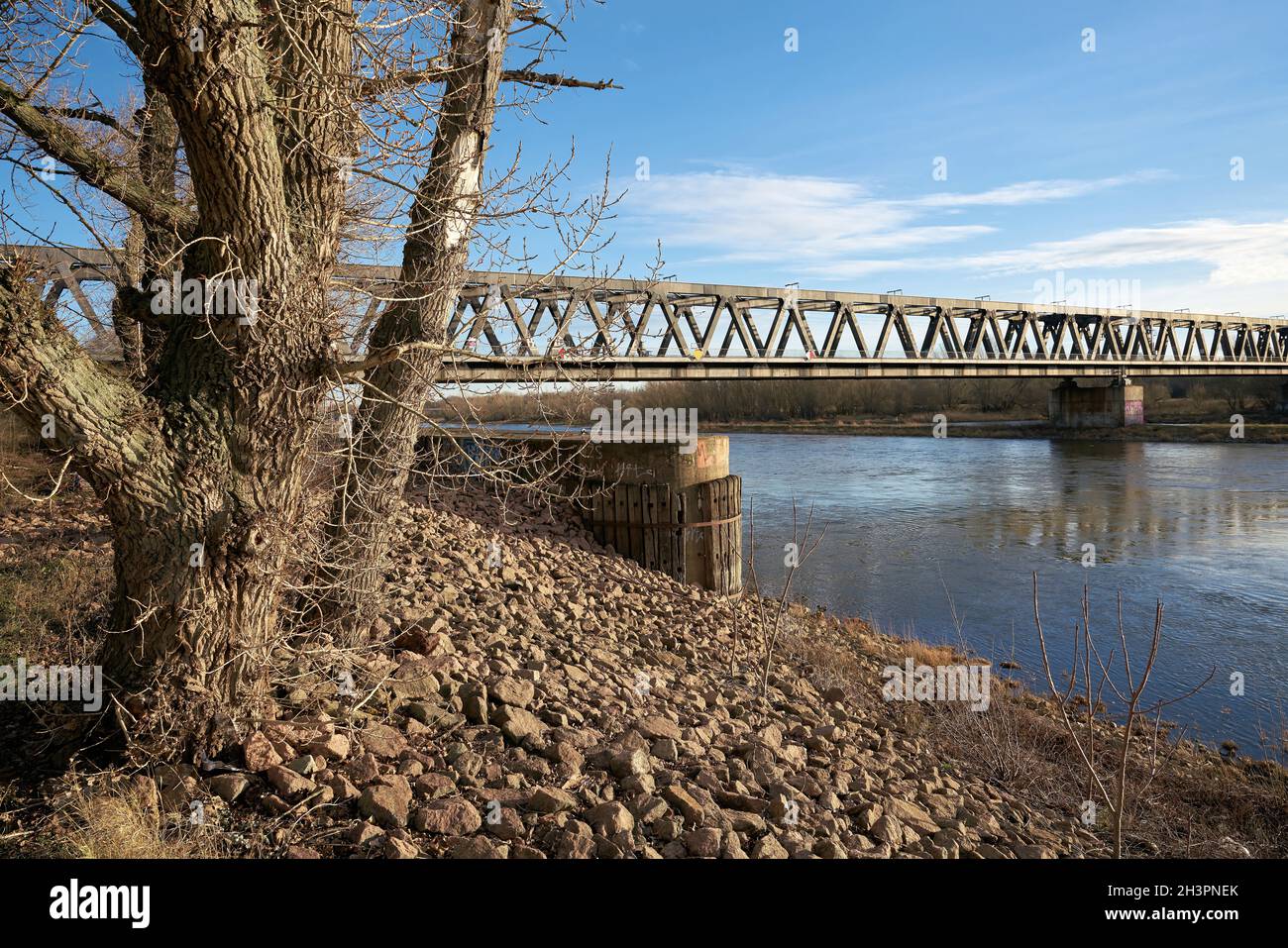 Eisenbahnbrücke HerrenkrugbrÃ¼cke über die Elbe in Magdeburg in Deutschland Stockfoto