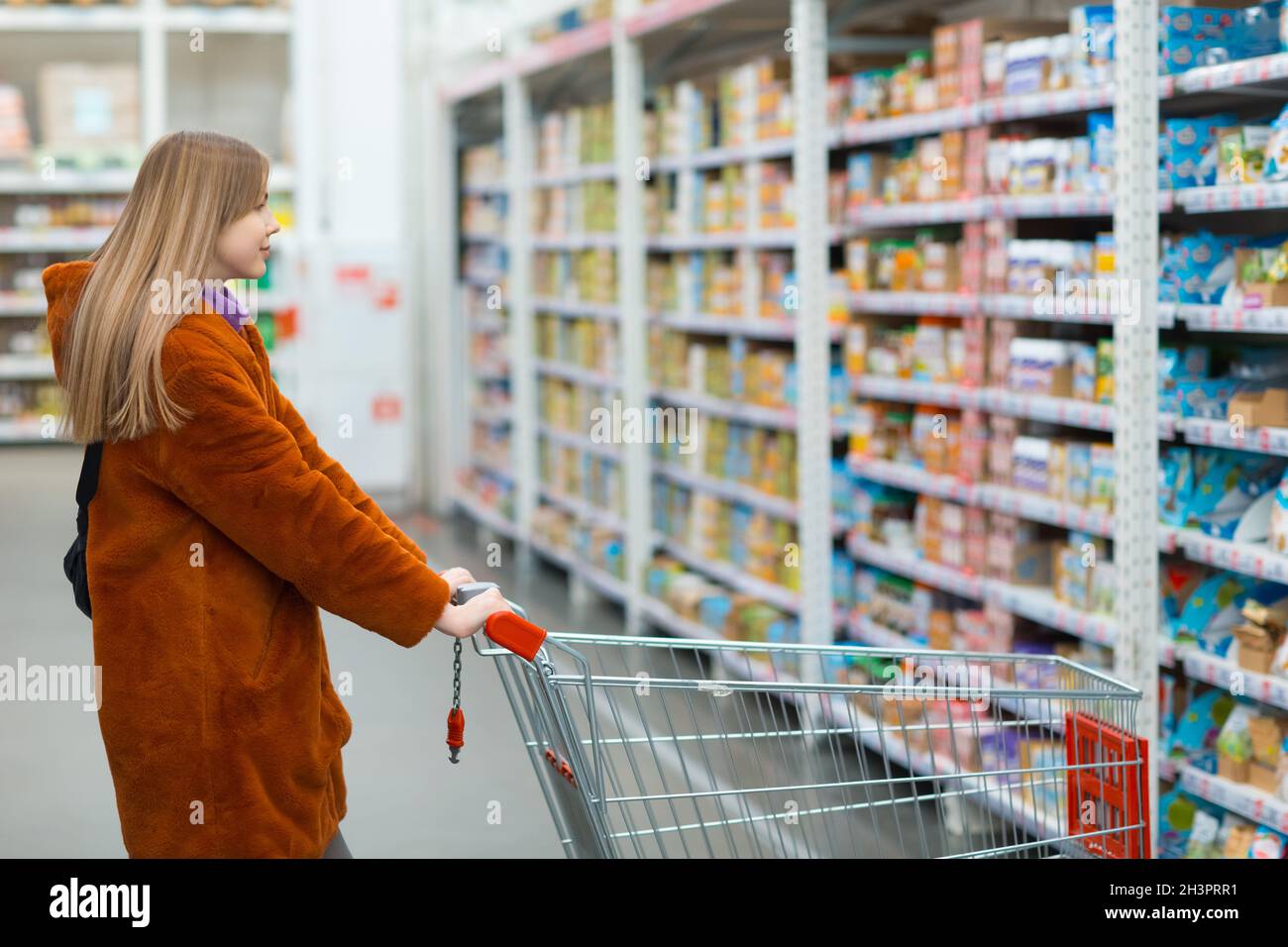 Frau mit Einkaufswagen in den Regalen der Einzelhandelsgeschäfte mit Lebensmittelprodukten. Stockfoto