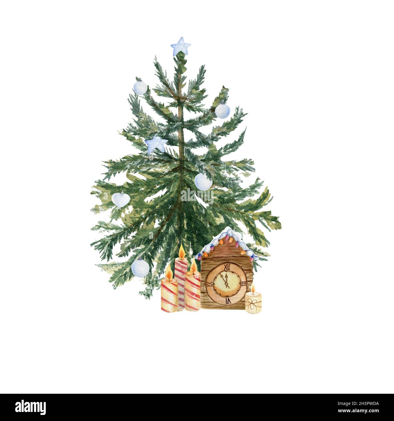 Weihnachtsbaum mit Uhr und Kerzen auf weißem, isoliertem Hintergrund. Aquarelldarstellung Stockfoto