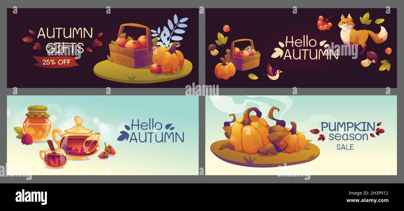 Flache horizontale Herbstbanner Set Vektor Design Illustration Stock Vektor