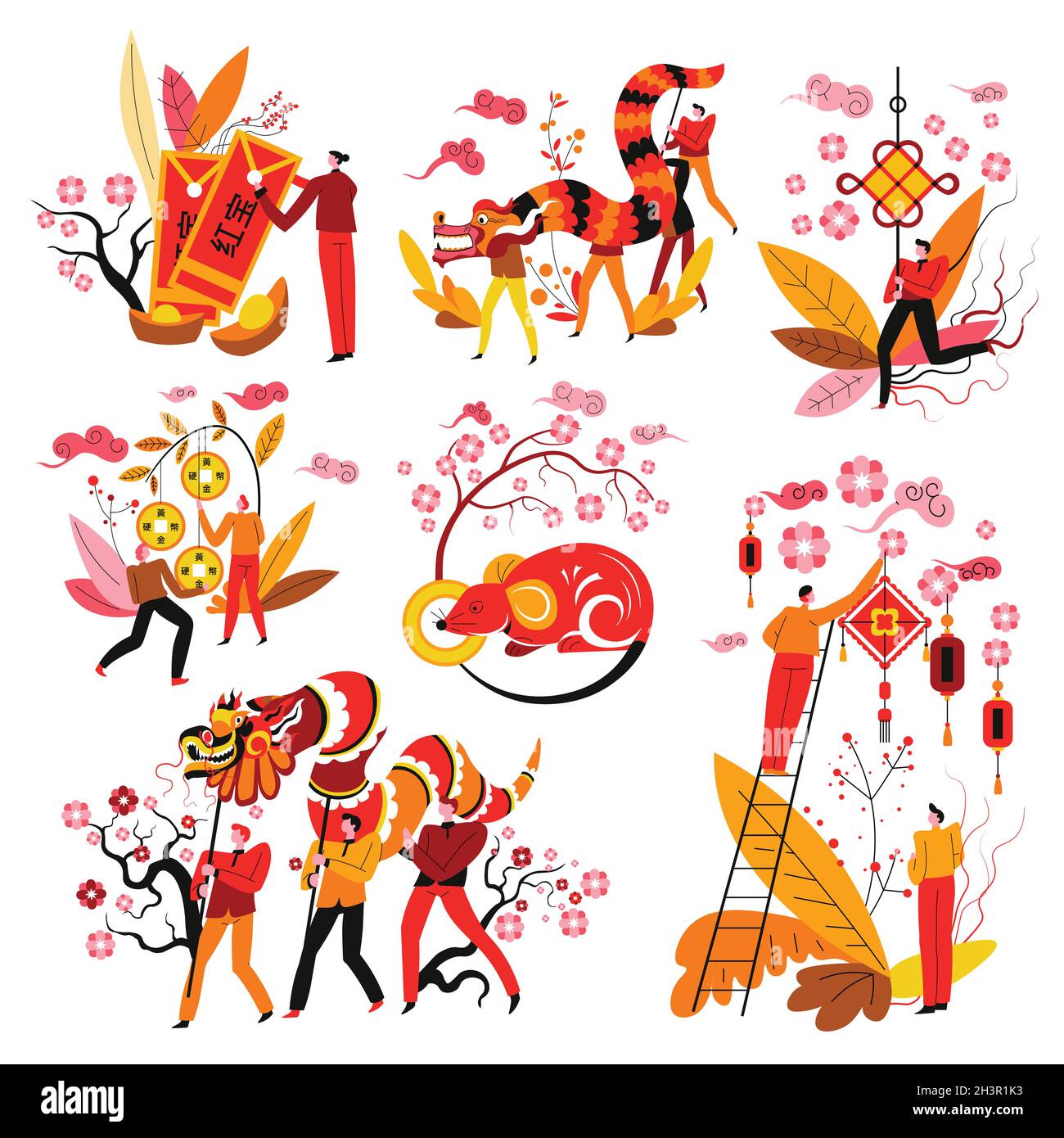 Chinesische Neujahrssymbole, Feng Shui Maskottchen und Tierkreiszeichen Stock Vektor