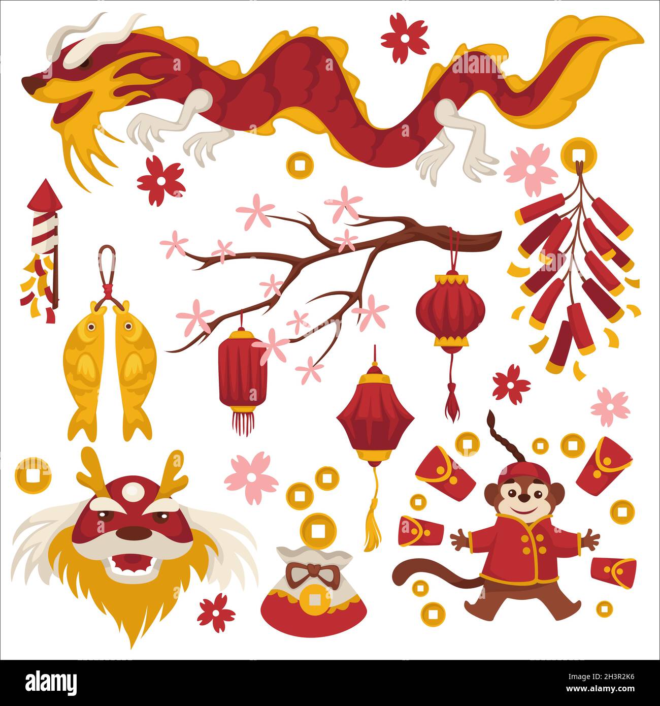 Drache und Sakura, Chinesisches Neujahr Symbole, Laternen und Monkey Stock Vektor