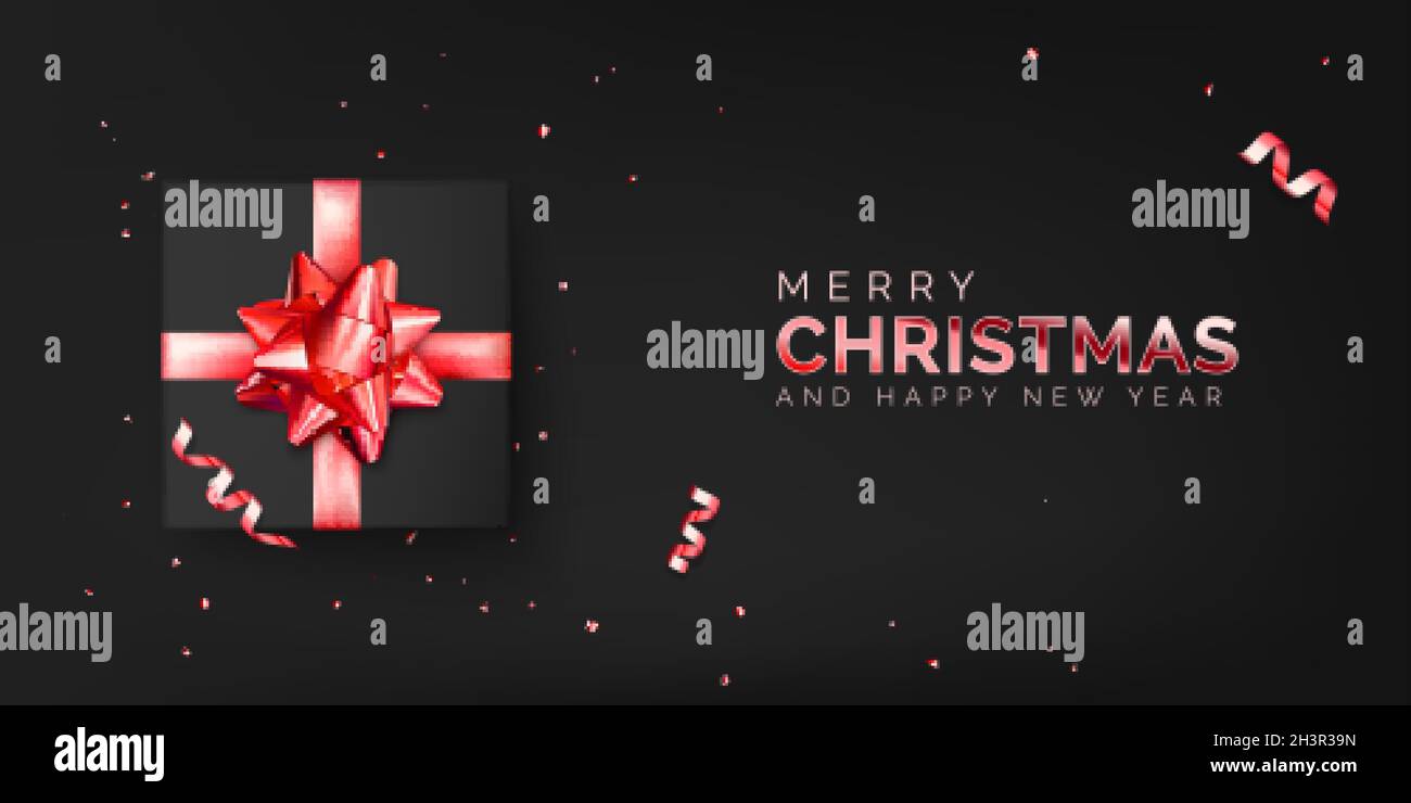 Weihnachtsbanner mit schwarzer Geschenkbox mit rotem Band und Schleife. Luxuriöses Weihnachtsposter. 3d-Boxen mit Goldband und Schleife. Vektorgrafik Stock Vektor