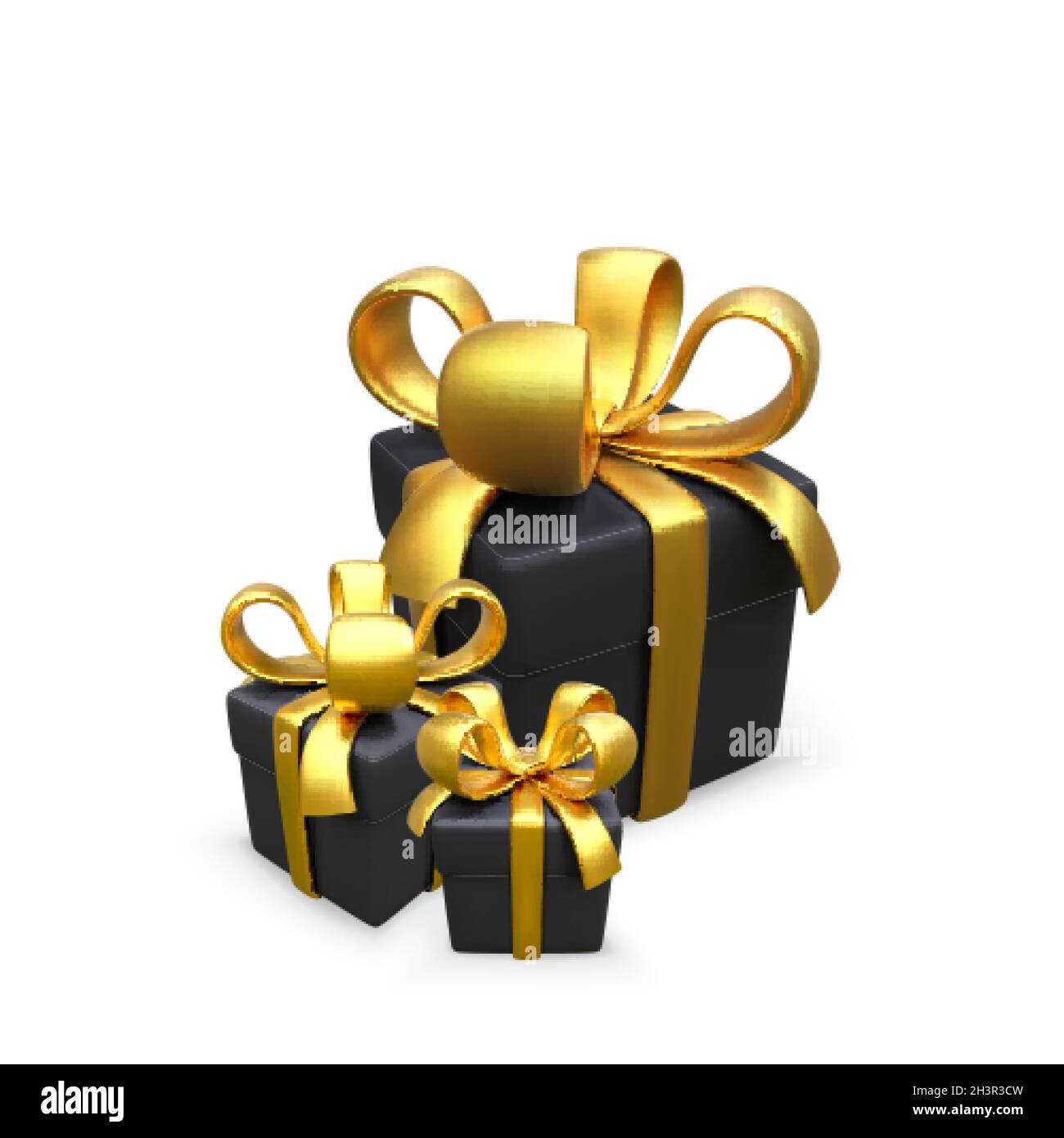 Schwarze Geschenkbox mit Goldband in realistischem Stil. Überraschungspaket für den Urlaub. 3D-Box mit goldener Schleife. Black friday Design-Element. Vektorgrafik Stock Vektor