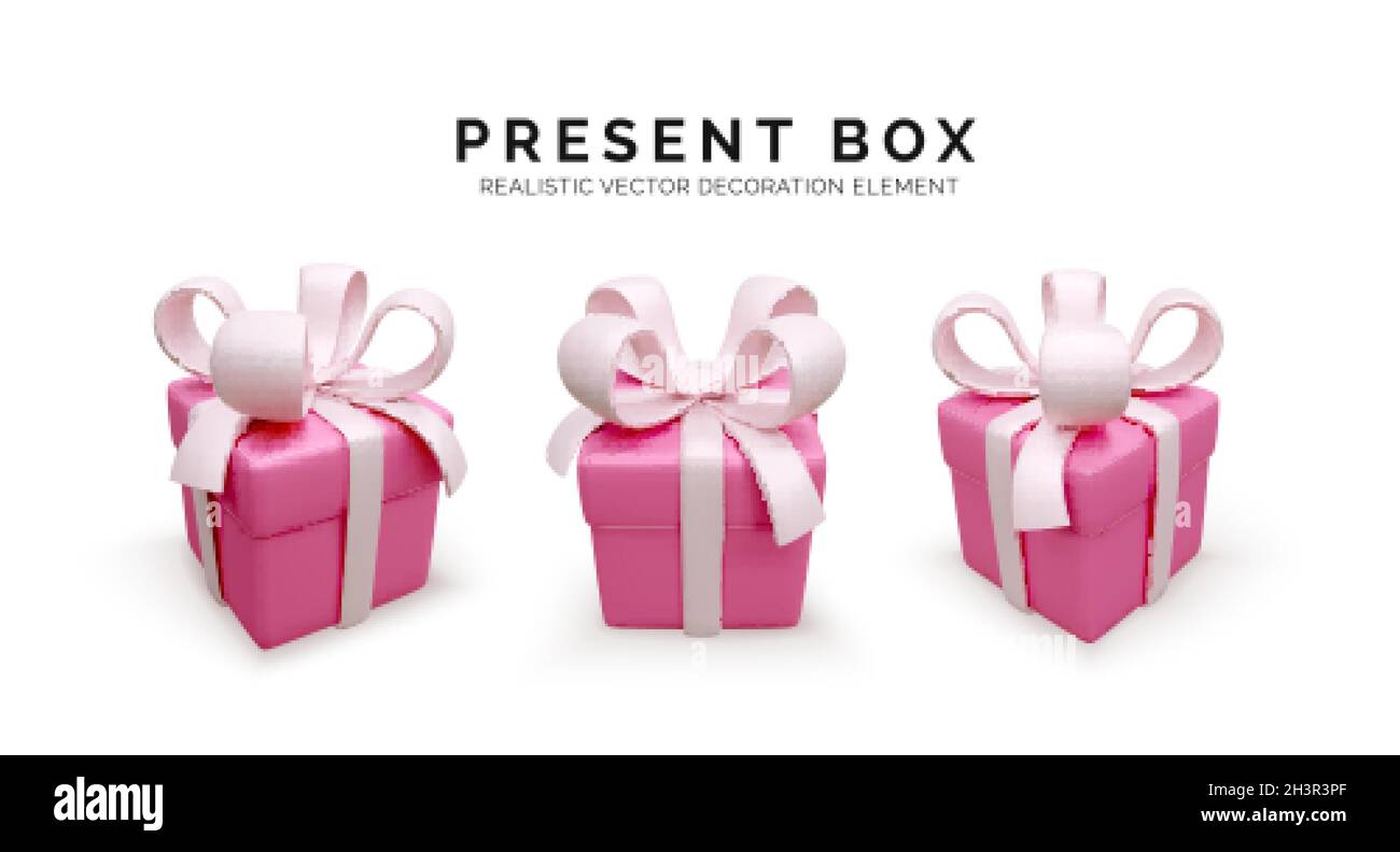 Set Geschenkboxen in zarten rosa Farben. 3d Rendering Holiday geschlossene Überraschungsbox mit rosa Band. Rotes Geschenk. Vektorgrafik Stock Vektor